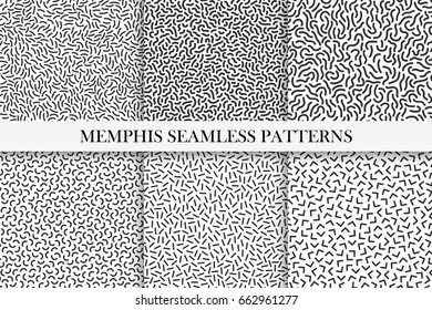 Collection of retro memphis seamless patterns. Fashion design 80-90s. Black and white mosaic textures.