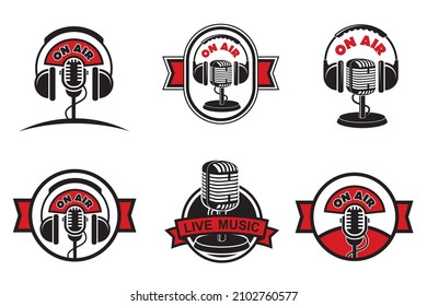 collection of retro microphone and headphones emblem isolated on white background