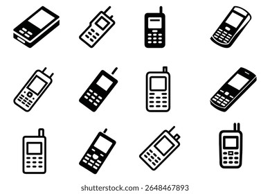 A collection of retro mobile phone icons, showcasing classic designs from earlier eras. These stylized illustrations are perfect for adding a touch of nostalgia to digital or print projects.