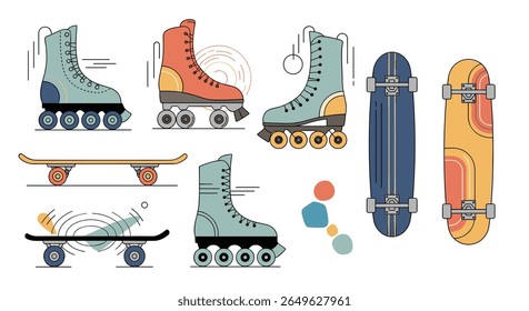 Collection of retro and modern roller skates and skateboards for outdoor activities and sports