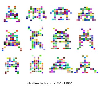 Collection of retro monsters of different colors and pixels on a white background