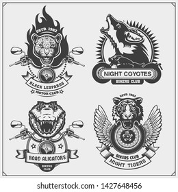 Collection of retro motorcycle labels, badges and design elements. Motor and biker club emblems with wild animals. Print design for t-shirt.