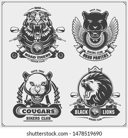 Collection of retro motorcycle labels, badges and design elements. Motor and biker club emblems with panter, puma, lion and tiger. Print design for t-shirt.