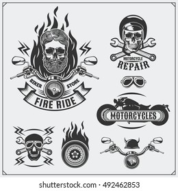 Collection of retro motorcycle labels, emblems, badges and design elements. Vintage style. Monochrome design.