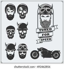 Collection of retro motorcycle labels, emblems and design elements. Helmets, goggles, bikers and racers. Vintage style. Monochrome design.