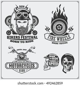 Collection of retro motorcycle labels, emblems, badges and design elements. Vintage style. Monochrome design.
