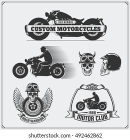 Collection of retro motorcycle labels, emblems, badges and design elements. Vintage style. Monochrome design.