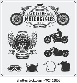 Collection of retro motorcycle labels, emblems, badges and design elements. Helmets, goggles and motorcycles. Vintage style. Monochrome design.