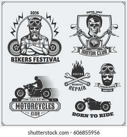 Collection of retro motorcycle labels, emblems, badges and design elements. Vintage style. Monochrome design.