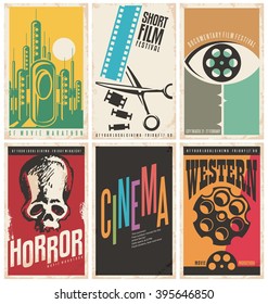 Collection of retro movie poster design concepts and ideas. Vintage cinema posters set. Western movies, documentary film, horror, science fiction, short film festival and cinema flyer templates. 
