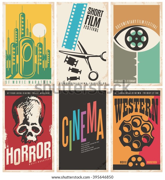 Collection of retro movie poster design concepts and\
ideas. Vintage cinema posters set. Western movies, documentary\
film, horror, science fiction, short film festival and cinema flyer\
templates. 