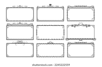 collection of retro ornate frames, rectangular ornaments and ornate borders.  Decorative wedding frame, vintage museum picture border or deco border.  Isolated icon vector set