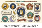 Collection of retro owl sticker illustrations featuring vintage badges, wise birds, celestial moons, and stars. Includes text designs like Night Owl, Stay Curious, and Book Worm.