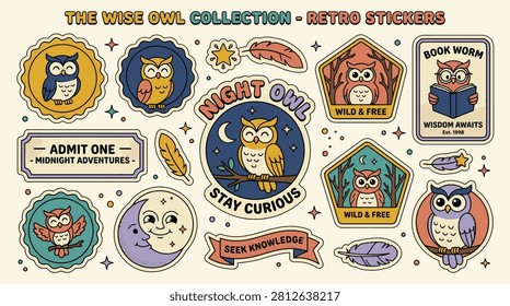Colección de ilustraciones de pegatinas de búho retro con insignias vintage, pájaros sabios, lunas celestiales y estrellas. Incluye diseños de texto como Night Owl, Stay Curious y Book Worm.