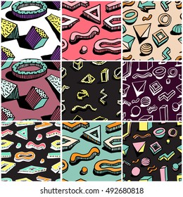 Collection of retro patterns. Memphis style. Hands draw colorful geometric elements for your design.Vector illustration. Cool modern illustration.