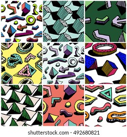 Collection of retro patterns. Memphis style. Hands draw colorful geometric elements for your design.Vector illustration. Cool modern illustration.