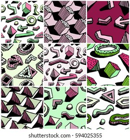Collection of retro patterns. Memphis style. Hands draw colorful geometric elements for your design.Vector illustration. Cool modern illustration.
