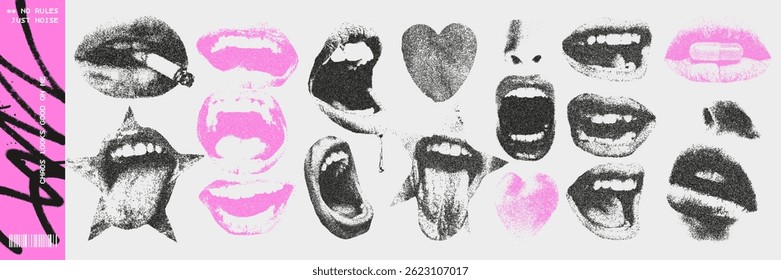 Collection of retro photocopy style mouths with cigarettes, pills, and hearts. Bold, messy, and rebellious.