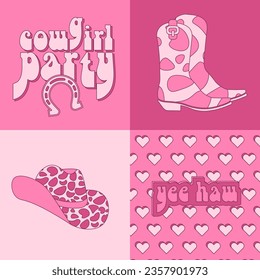 Collection of retro pink Cowboy square cards with Cowgirl boots, hat and lettreing text for Cowgirl party. Wall art vintage covers preppy set. 60s western and wild west theme. Hand drawn vector poster