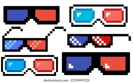 Collection of retro pixel art 3D glasses in various red and blue designs, perfect for digital entertainment and vintage gaming themes, evoking a sense of nostalgia for classic visual experiences