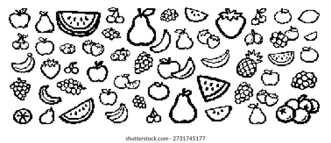 Collection of retro pixel art fruit icons including apple, banana, grape, and watermelon doodles in a black and white 8-bit style.