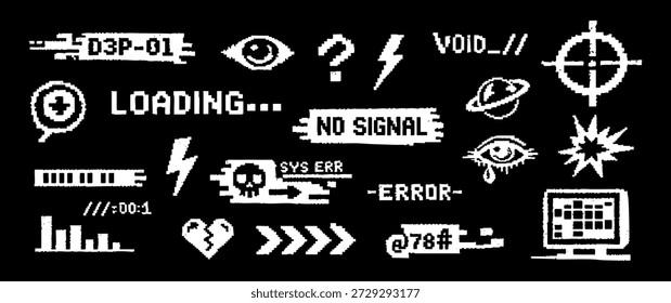 Coleção de ícones retro pixel art glitch e símbolos de erro digital, com uma estética minimalista lo-fi tech em preto e branco monocromático.