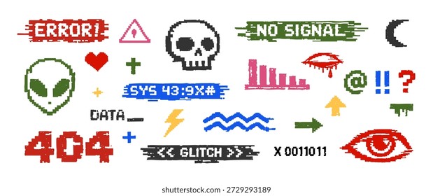 Collection of retro pixel art glitch icons and error messages including skull, alien, and 404 text for digital design and hacker aesthetic.