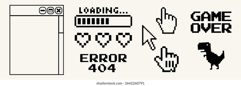Collection of retro pixel art UI elements in 8-bit style. Includes loading bar, game over text, pixel hearts, cursor icons, 404 error screen, retro browser window, and Chrome dinosaur. Perfect for dig