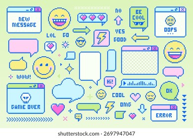 Collection of retro Pixel Art UI elements. Includes windows, emojis, speech bubbles, action words, signs, hearts, arrows, and emoticons. Vector set for gaming, chat apps, and vintage graphic design.