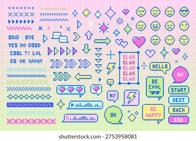 Collection of retro Pixel Art UI elements. Windows, emoji, speech bubbles, arrows, symbols, patterned lines, stars and hearts. Vector set for gaming, chat apps, and vintage graphic design.