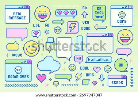 Collection of retro Pixel Art UI elements. Includes windows, emojis, speech bubbles, action words, signs, hearts, arrows, and emoticons. Vector set for gaming, chat apps, and vintage graphic design.