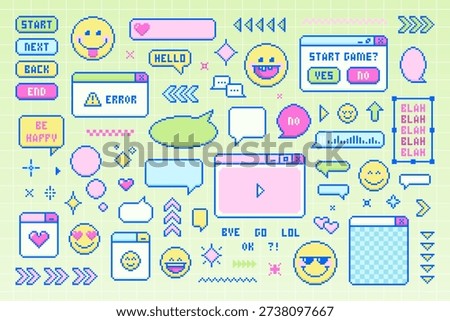 Collection of retro Pixel Art UI elements. Windows, emojis, speech bubbles, action words, signs, symbols, hearts, arrows, and emoticons. Vector set for gaming, chat apps, vintage graphic design.