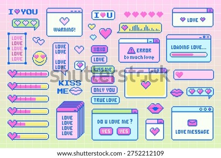 Collection of retro Pixel Art UI romantic elements. Windows, emoji, speech bubbles, love signs, hearts, health and progress bars. Vector set for gaming, chat apps, and vintage graphic design.