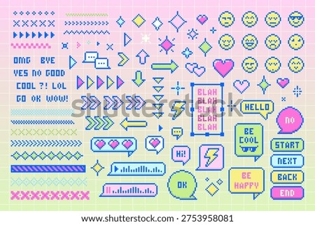 Collection of retro Pixel Art UI elements. Windows, emoji, speech bubbles, arrows, symbols, patterned lines, stars and hearts. Vector set for gaming, chat apps, and vintage graphic design.