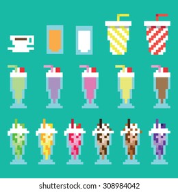 Collection retro, pixel milkshakes, drinks, beverages in vector