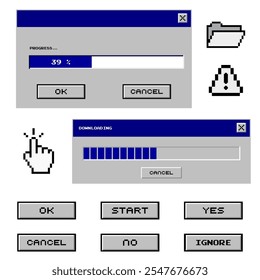 Uma coleção de elementos de interface estilo pixel retro, incluindo barras de progresso, botões, ícones e avisos, perfeito para projetos e projetos temáticos vintage.