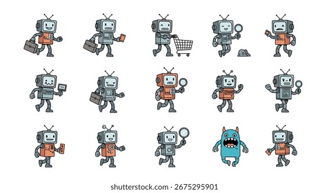 Collection of Retro Pixelated Robots Displaying Various Actions and Expressions Digital Art
