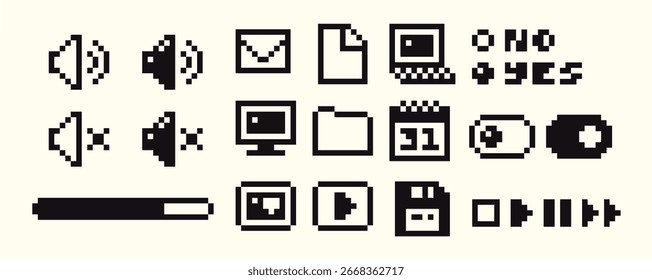A collection of retro pixelated user interface icons. Creative digital assets for web and app design with a nostalgic 90s aesthetic for your DIY digital projects