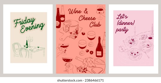 Collection of Retro posters. Friday evening dinner posters.  Food Poster template. Interior posters set. Inspiration posters. Editable vector illustration.