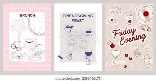 Collection of Retro posters. Friday evening dinner posters.  Food Poster template. Interior posters set. Inspiration posters. Editable vector illustration.
