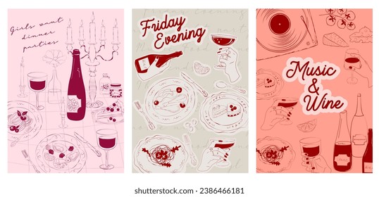 Collection of Retro posters. Friday evening dinner posters.  Food Poster template. Interior posters set. Inspiration posters. Editable vector illustration.