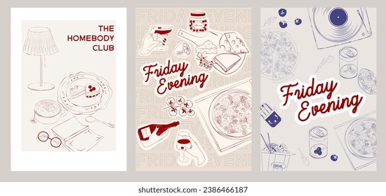 Collection of Retro posters. Friday evening dinner posters.  Food Poster template. Interior posters set. Inspiration posters. Editable vector illustration.