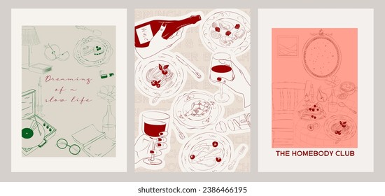 Collection of Retro posters. Friday evening dinner posters.  Food Poster template. Interior posters set. Inspiration posters. Editable vector illustration.