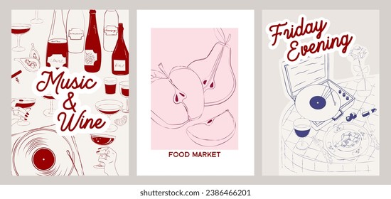 Collection of Retro posters. Friday evening dinner posters.  Food Poster template. Interior posters set. Inspiration posters. Editable vector illustration.