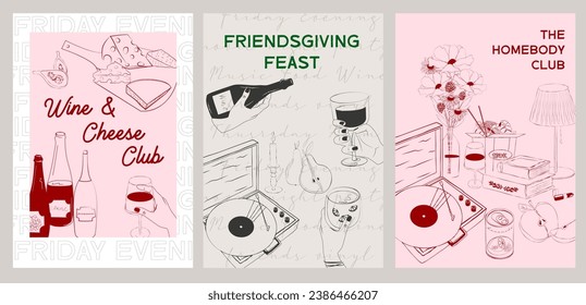 Collection of Retro posters. Friday evening dinner posters.  Food Poster template. Interior posters set. Inspiration posters. Editable vector illustration.