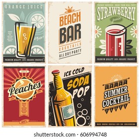 Collection of retro posters with organic juices and popular drinks. Cafe bar vector drink ads and promotional brochures on old paper texture. Summer tropical drinks theme.