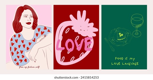 Collection of Retro posters. Romantic art posters.  Woman Poster template. St. Valentines Day. Interior posters set. Inspiration posters. Editable vector illustration.