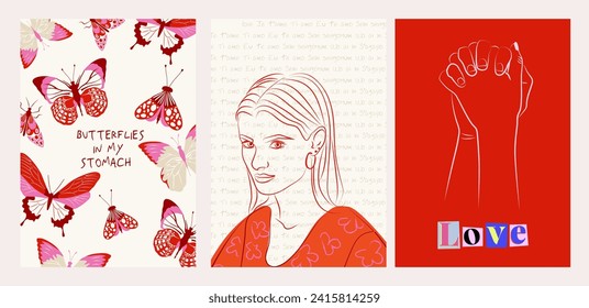 Collection of Retro posters. Romantic art posters.  Woman Poster template. St. Valentines Day. Interior posters set. Inspiration posters. Editable vector illustration.