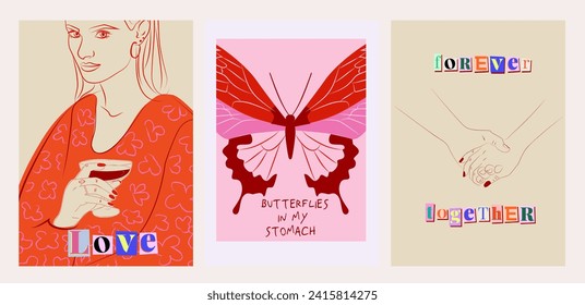 Collection of Retro posters. Romantic art posters.  Woman Poster template. St. Valentines Day. Interior posters set. Inspiration posters. Editable vector illustration.