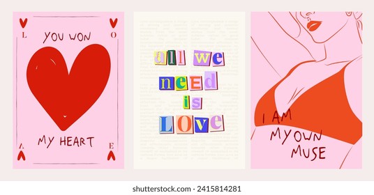 Collection of Retro posters. Romantic art posters.  Woman Poster template. St. Valentines Day. Interior posters set. Inspiration posters. Editable vector illustration.